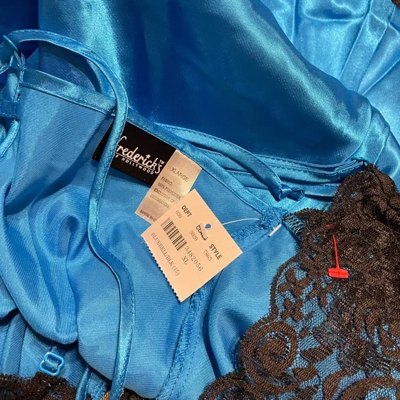 Frederick's of Hollywood Blue Satin Chemise with Black Lace Nightie - Picture 4 of 6
